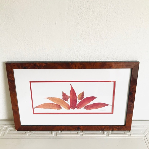 Signed vintage Leaf Art Framed in Lacquered Burled Wood - Picture 3 of 13